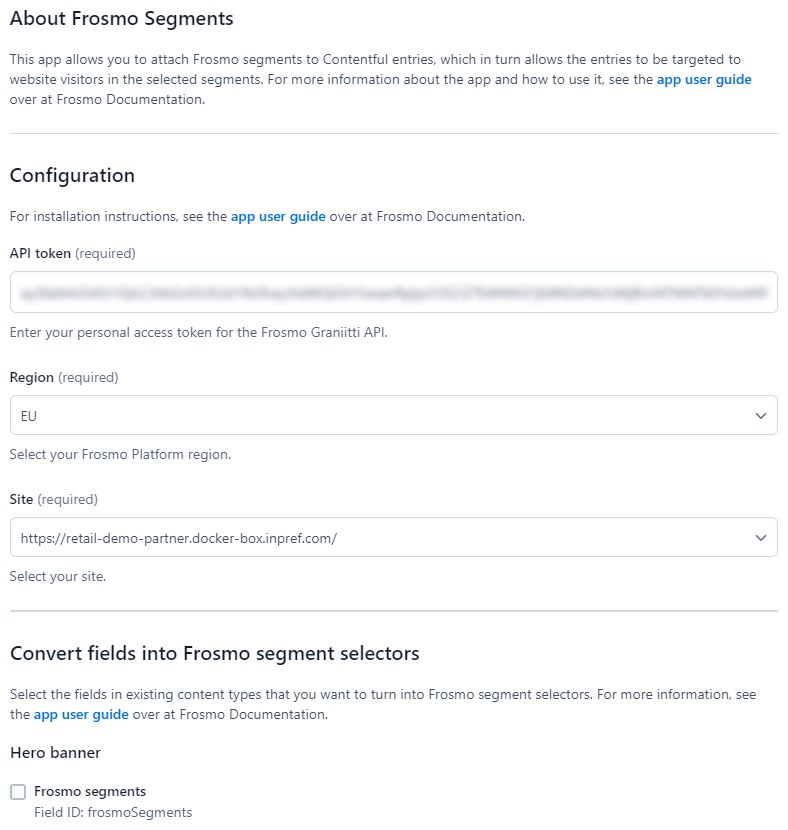 Frosmo Segments for Contentful configuration and field conversion in the Contentful web app