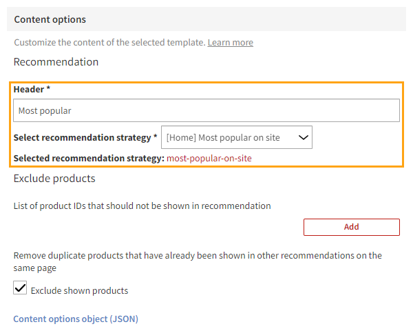 Defining the content for the recommendation modification